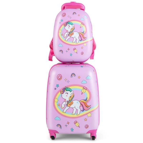 COSTWAY barnväska på hjul 16'' + 12'' ryggsäck, barnbagageset med enhörningsmönster, för flygresor, rosa