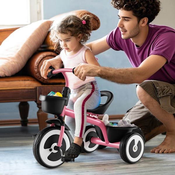 COSTWAY Trike til Barn med Pedaler, Justerbart Sæde, Opbevaringskurve, Robust Kulstofstål, 4 EVA Hjul, 1,5 til 5 År, Lyserød
