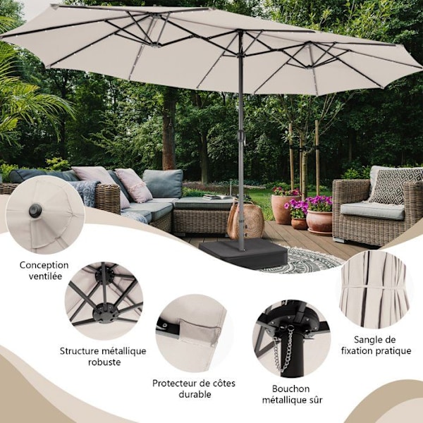 Dobbelt XXL Haveparasol 48 LED - COSTWAY - 470 x 280 x 246 cm - Base og Sandpose - Solpanel - Rektangulær Beige
