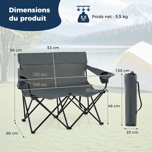 COSTWAY 2 Hengen Paviljonki Tuoli, Juomapulloteline, Kantokassi, Camping Ranta Kalastus Matkailu, Kuormitus 300 kg, Harmaa Grå