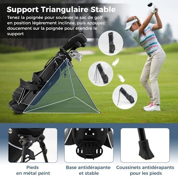 COSTWAY Portable Tripod Golf Bag - 4-vägsfack - 4 fickor med dragkedja - Kylväska - Dubbel axelrem - Regnskydd - Svart