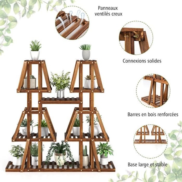 COSTWAY förkolad tallträ Blomväxthylla - 5-vånings växthållare, spaltdesign - inomhus utomhus