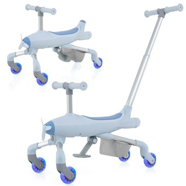 COSTWAY 2-i-1 trehjulet cykel til børn med putter, LED-lys, kurv, foldbare fodstøtter, justerbare håndtag, 18-60 måneder, blå