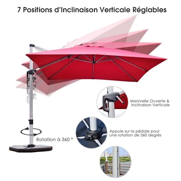 COSTWAY 3M firkantet forskudt parasol med krydsbase Aluminiumsstang 360° drejelig vippearm 8 ribber rød
