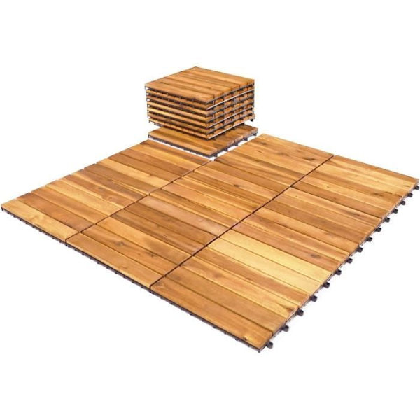 COSTWAY 27 Terassilaattia Ulkokäyttöön 30 x 30 CM, Liitettäviä ja Pinoittavia Akasia-aitoja Puutarhaan, Uima-altaalle, Parvekkeelle