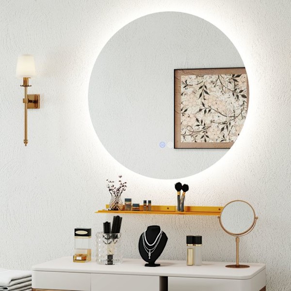 COSTWAY LED badrumsspegel Ø60 cm, 3000-6000k, Justerbar ljusstyrka, Touch, Minnesfunktion, Lagringsstöd Silver + Brons