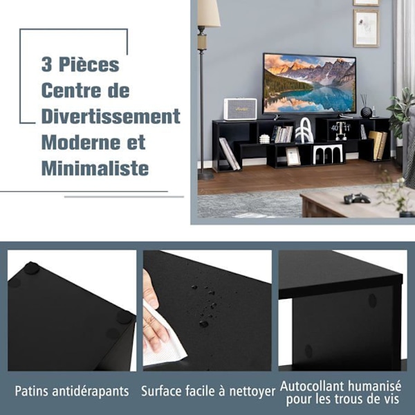 COSTWAY 65" TV-møbel i 3 dele, modulær bogreol til stue, soveværelse, TV-møbel i træ, 135x30x43cm, sort