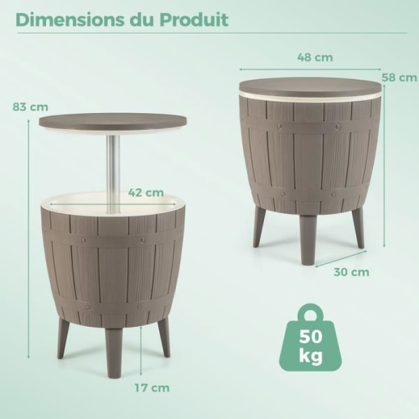 COSTWAY Cool Bar 37L-3 i 1 Sofabord-Lifttop Ø 48 x 58-83H cm-Ispand til Cocktails-Fester, Terrasse, Have-Brun