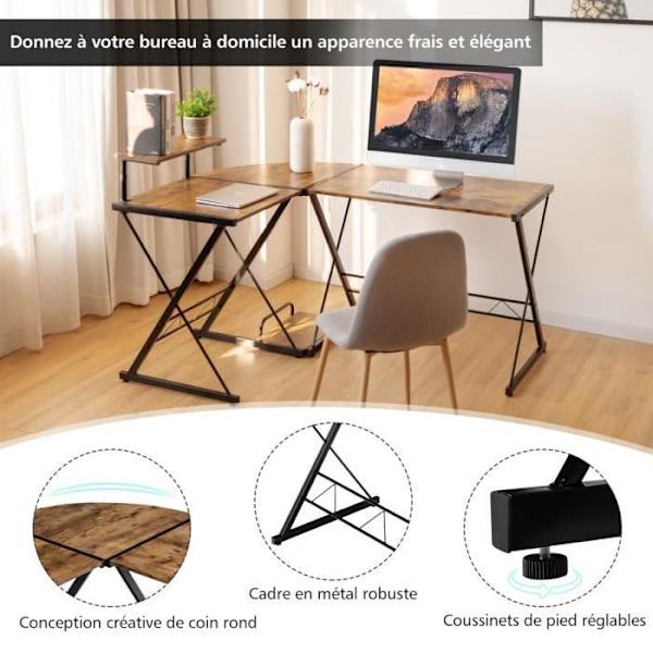 COSTWAY hjørneskrivebord - 147 x 112 x 79 CM - Justerbart til 2 lige skriveborde stort bord til 2 personer rustik brun Rustik brun