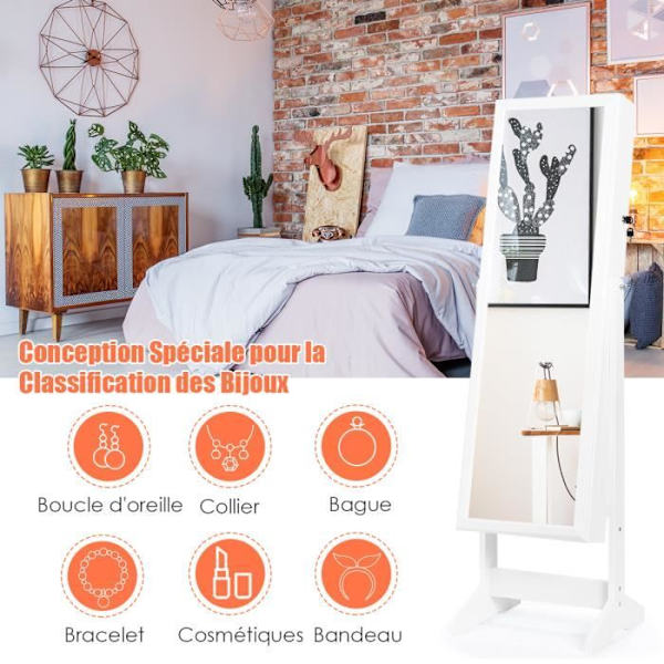 COSTWAY Fritstående smykkegarderobe med 4-vinklet Psyche-spejl, smykkeopbevaring og displaystand hvid