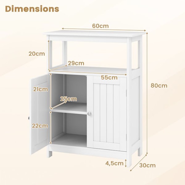 COSTWAY Badeværelse Skab med 2 Døre, Rum og Justerbar Hylde, til Stue, Entré, Køkken, 60x30x80 cm Hvid