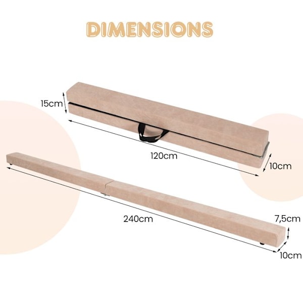 COSTWAY Taivutettava 240cm Gymnastikapalkki lapsille irrotettavalla mokkahuosella ja liukumattomalla pohjalla Kahvat 3-10 vuotta Beige