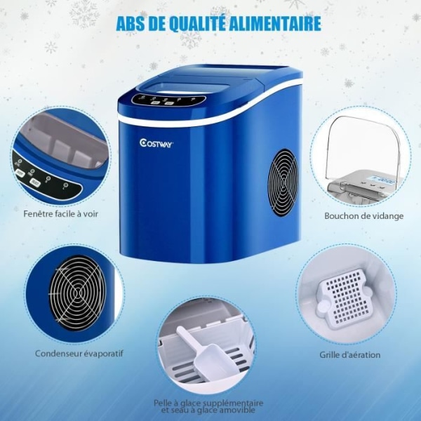 COSTWAY Ice Maker 12KG/24H 9 isbitar per 6-13 min 2,2L tank 0,7kg Isbricka med Ice Scoop for Home Blue