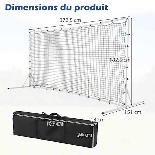 COSTWAY Børnefodbold Rebound Net - 372,5 x 182,5 cm - PE Net - Bæretaske - Metal fodboldtræning - Hvid