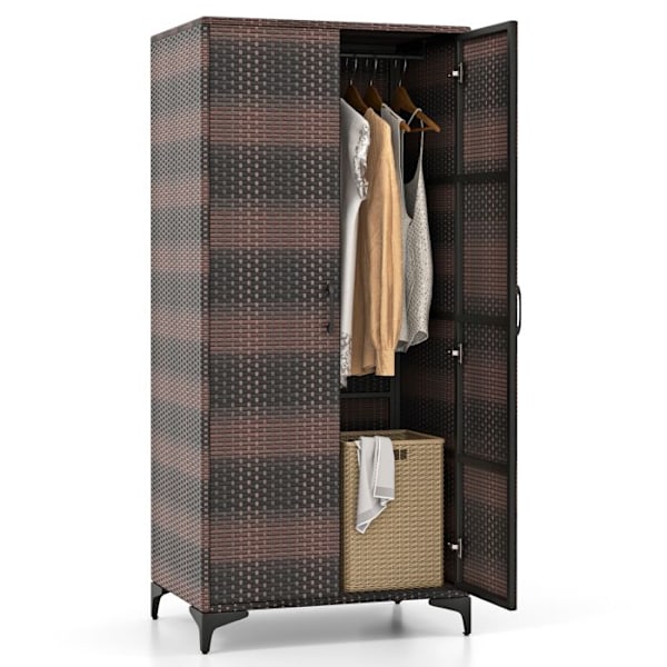 COSTWAY Utomhuskläder Förvaring H157cm, Hängstång, PE Wicker Garderobsskåp för Vardagsrum Uteplats Garage,Brun Blandat brunt