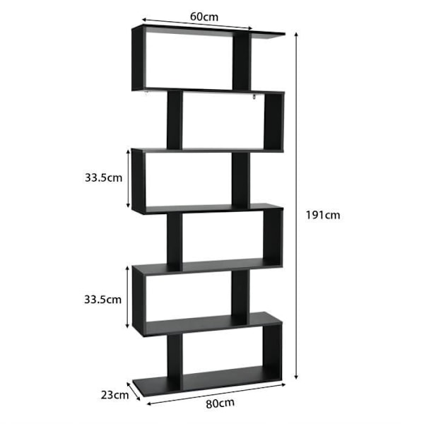 COSTWAY 6-lags bogreol/opbevaringshylde-80x23x191 CM Industriel stil S-form til stue, Soveværelse Sort