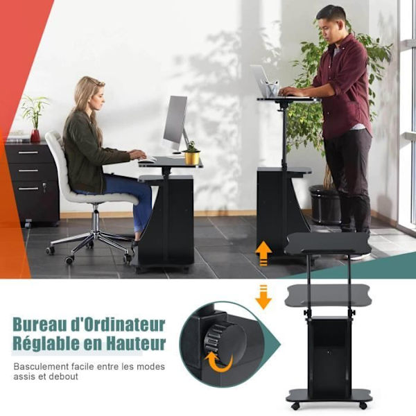 COSTWAY rullende computerbord Højdejusterbar fra 68 til 114 cm, 180° vipbar top, opbevaringsrum, sort Svart