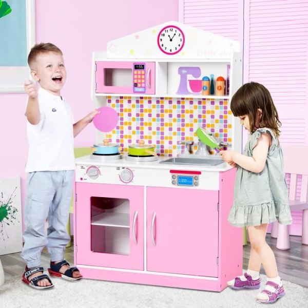 COSTWAY Kök för barn 3-8 år Träimitationsleksaksspel med krukor och kryddflaskor Tillbehör Rosa