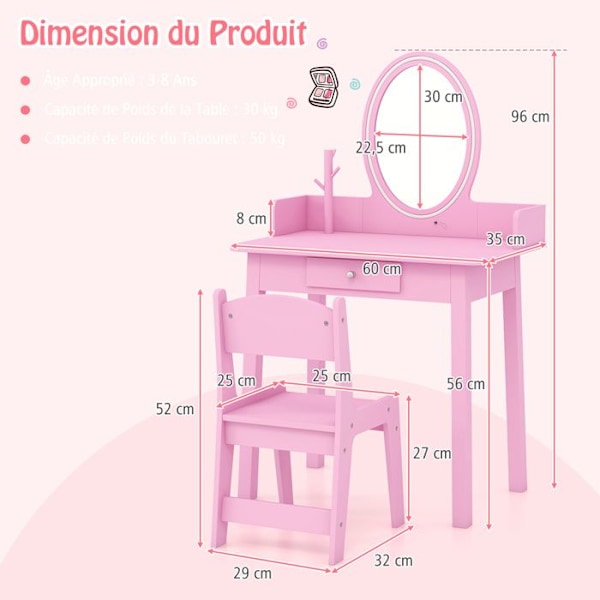 COSTWAY Sminkbord för barn med stol, tvåfärgad LED-spegel, låda och trädformad smyckeskåp, rosa