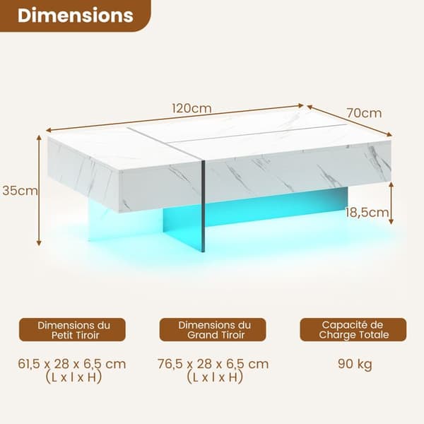 LED Kaffeebord COSTWAY 120 x 70 x 35 cm, 3 Förvaringslådor, Rektangulär Centrummöbel för Vardagsrum, Vit Marmorimitation Vit