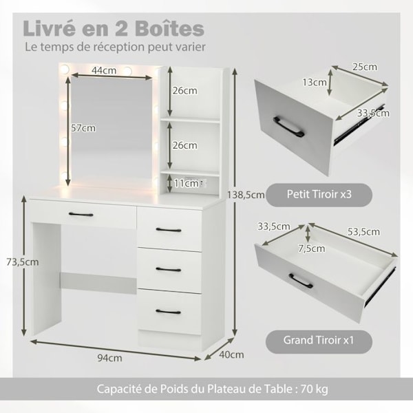 COSTWAY Sminkbord med Spegel, LED-lampor i 3 Färger, Laddstation, Justerbar Luminiscens, 4 Lådor, Hårtorkshållare Vit
