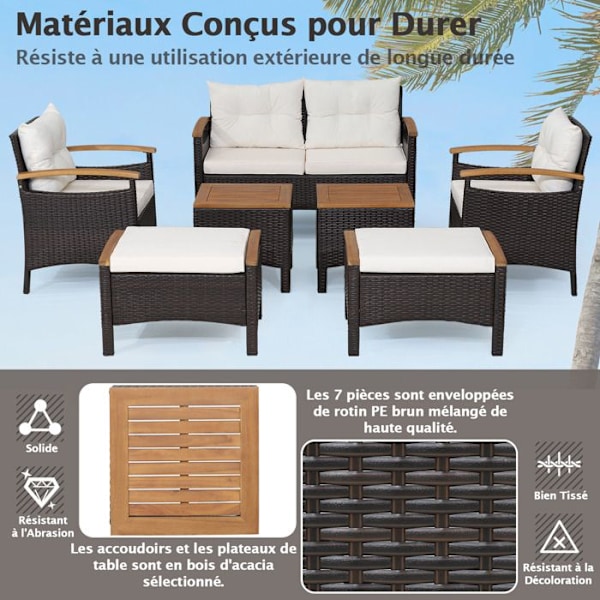 COSTWAY 7 PCS Trädgårdsbord och Stolar Set i PE Rattan med Kuddar, Bordsskiva och Armstöd i Akaciaträ Färg på PE-rattan: Blandning av bru