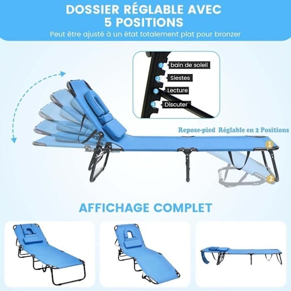 COSTWAY Sæt af 2 Sengehæve Stole Foldbare Justerbare i 5 Positioner med Hovedstøtte og Ansigtshul, 194 x 63 x 37 cm, 160 kg Blå Blå