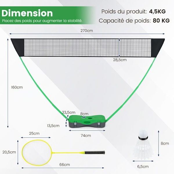 COSTWAY bærbart badmintonsæt - net, 2 ketchere, 2 fjerbolde - 270 x 33,5 x 160 cm - Opbevaringsetui - Metalrør - Grønt