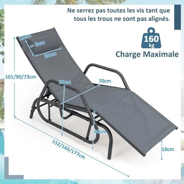 COSTWAY utomhussolstol med 3-nivå justerbart ryggstöd, nackstöd och andningsbart tyg, uteplats, camping, 150 kg, grå
