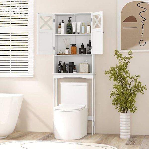 COSTWAY Toilet Messeskab Over Toiletterne Badeværelse Opbevaringshylde Højdejusterbar 2 Døre med Tempereret Glas Hvid