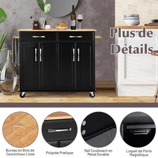 COSTWAY-keittiövaunu pyörillä - 2 laatikkoa, 2 kaksiovista kaappia, säädettävät hyllyt - Kitchen Island vaunu - musta Svart