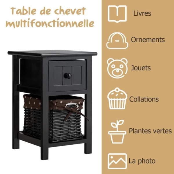 Costway Sengebord Natbord Opbevaringsenhed med 1 skuffe + 1 kurv til soveværelse, stue, balkon 28 x 31 x 45 cm Sort Svart
