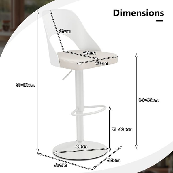 COSTWAY Sæt af 2 Ergonomiske Barstole - Justerbar Sædehøjde 63-83 cm til Køkken Bistro Hvid