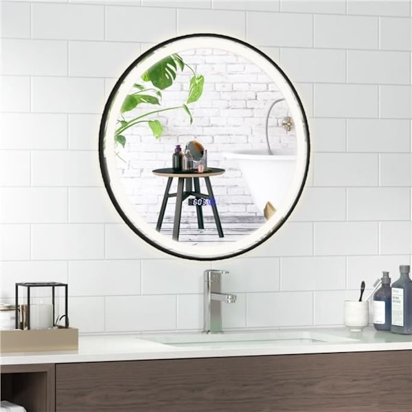 COSTWAY Ø 60 cm Rund Badrumsspegel - LED, Anti-dimma, 3 färger, Minnesfunktion, Tid/Temperatur Display, Okrossbar