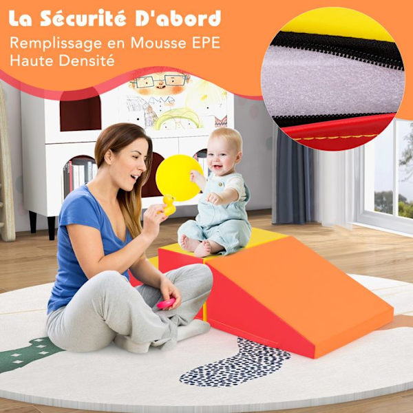 2 KPL COSTWAY Vaahtomuovi Baby Motor Skills Module - Rakennuspalikka vedenpitävä ja irrotettava PU-suojus - Koukku ja silmukkakiinnike - Oranssi