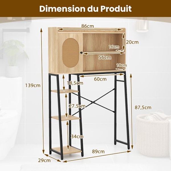 COSTWAY WC-yksikkö WC:n päällä, PE-rottinkiovi, avoimet ja säädettävät säilytyshyllyt, 89 x 29 x 139 cm Natur