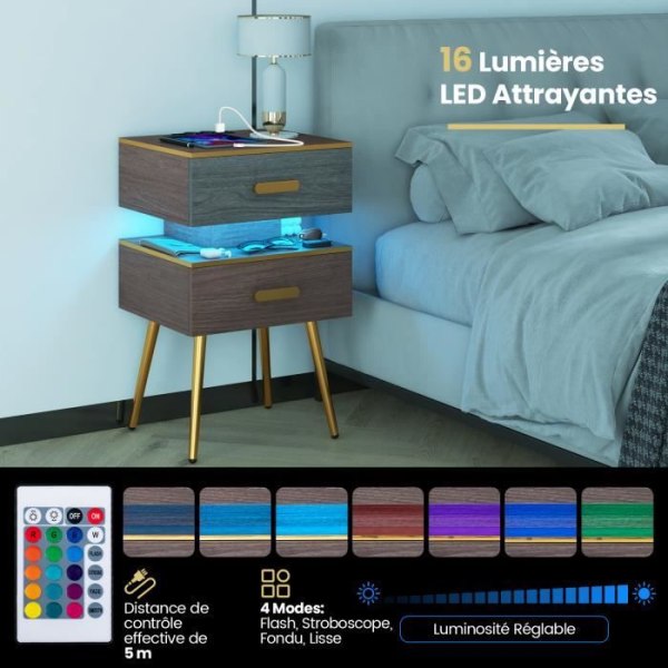 COSTWAY Sängbord med 2 lådor, uttag, LED-lampor i 16 färger, justerbar ljusstyrka, fjärrkontroll, grå