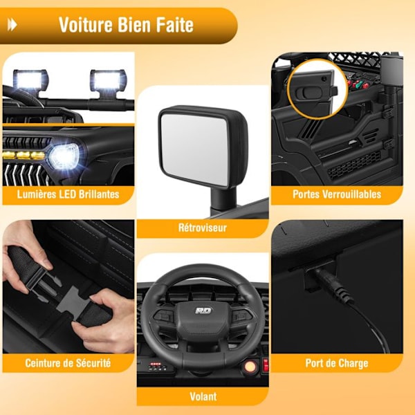 Elbil för barn 12V COSTWAY-2,4 G Fjärrkontroll-2 lägen-3 hastigheter-2,5 till 4 km/h-LED-ljus-Musik-3+ år-Svart