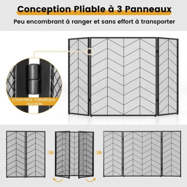 COSTWAY Fire Screen ja 3 taitettavaa ikkunaluukkua takalle - Liesi, pitkä. 132 cm - Korkeus 79 cm, Black Metal Takkaseinä