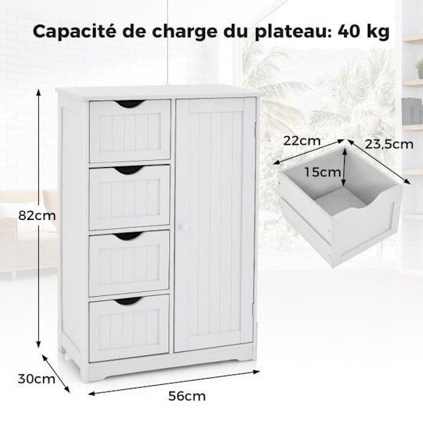 COSTWAY Badeværelsesmøbel i træ med 4 skuffer og 1 skab, justerbar hylde, til stue, soveværelse, 56 x 30 x 82 cm, hvid Vit