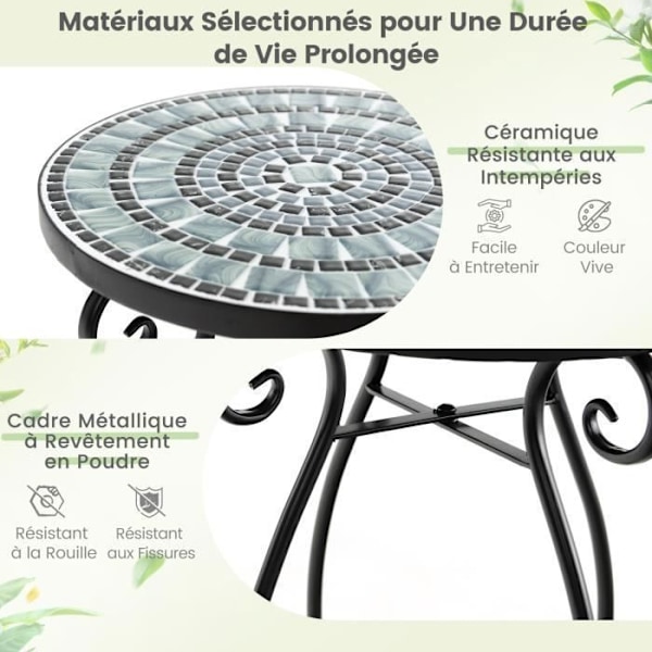 COSTWAY Rund Havebord med Mosaik Keramisk Plade, Udendørs Sidebord til Balkon Pool