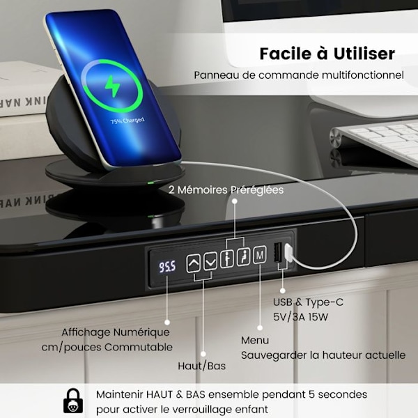 COSTWAY elektrisk sidde-stå skrivebord 120x60x73-118CM skuffe, justerbar højde, hærdet glas top, USB Type-C stik, sort Svart vit