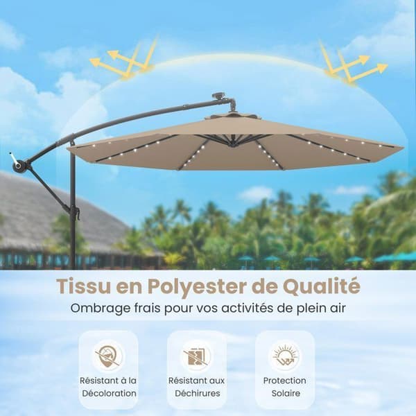 COSTWAY Ubeskygget Parasol 3M med 40 LED-lamper Solpanel 6 Timer, Krydsbase Sandpose UV 20+ Polyesterstof Brun brun