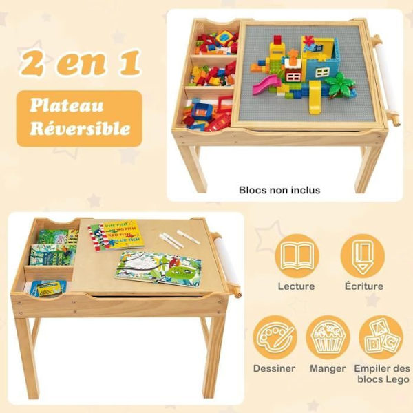 COSTWAY 2 i 1 børnebord med legoplader, skjult opbevaring, vendbar bakke med papirrulle til tegning i alderen 3+
