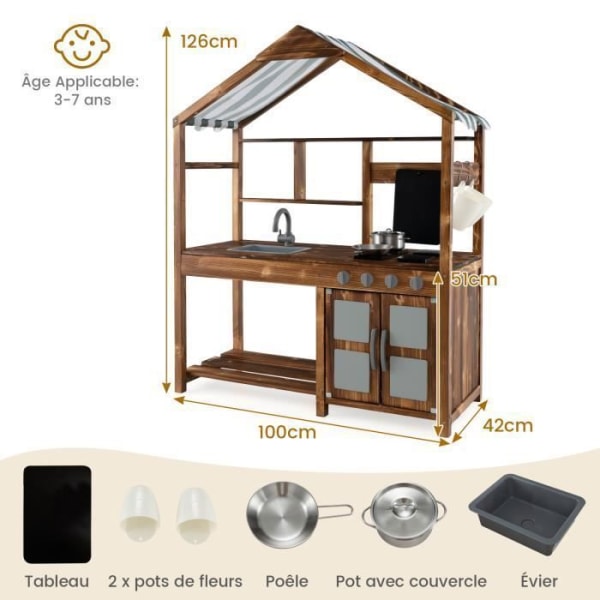 COSTWAY lasten ulkokeittiö – markiisi, pyörivä hana, irrotettava pesuallas, pannut, realistiset painikkeet, liitutaulu, 3–7 vuotta