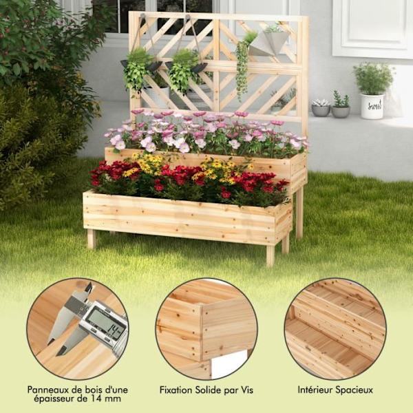 COSTWAY planteringskar med 2-vånings spaljé gjord av granträ Rektangulär blomsterlåda med dräneringshål för klätterväxt Naturlig
