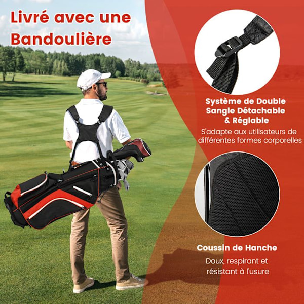 COSTWAY Golfbag Trippelstativ-Regnhette-Skiljer över 14 riktningar-6 fickor-Isolerat fack-Dubbel rem-Röd Röd