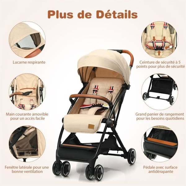 COSTWAY Barnvagn 3 år gammal Enhandsfällbar med stång, justerbart ryggstöd-fotstöd, infällbar kapell, Tether Strap Beige Beige, svart och brun
