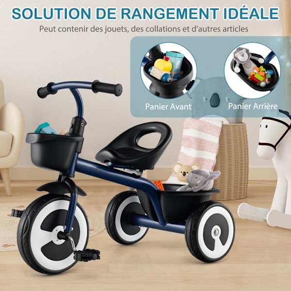 COSTWAY Tricycle til Barn med Pedal, Justerbart Sæde, Opbevaringskurve, Robust Kulstofstål, 4 EVA Hjul, 1,5 til 5 År, Blå