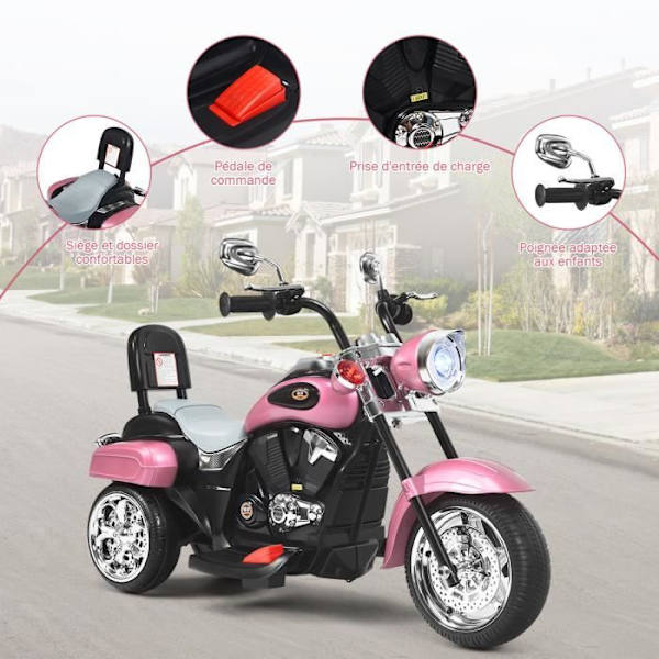 COSTWAY 6V elektrisk motorcykel til børnescooter med 3 hjul lyd- og lyseffekt, 3 km/t Max, 3 år+ Chopper-stil lys pink Ljusrosa